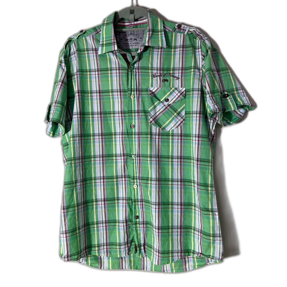 Moods of Norway Funky Green Striped Men's Short Sleeve Shirt Medium